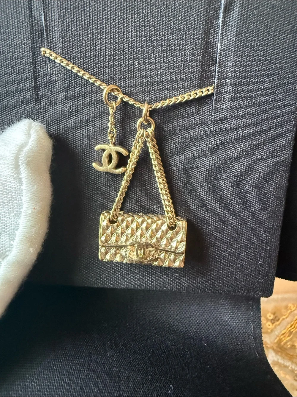 Chanel Gold Quilted Classic Flap Bag Pendant Necklace